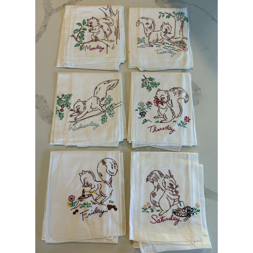 Vintage Embroidered Squirrel Days of Week Tea Towel Blanks Mon-Sat Set of 6